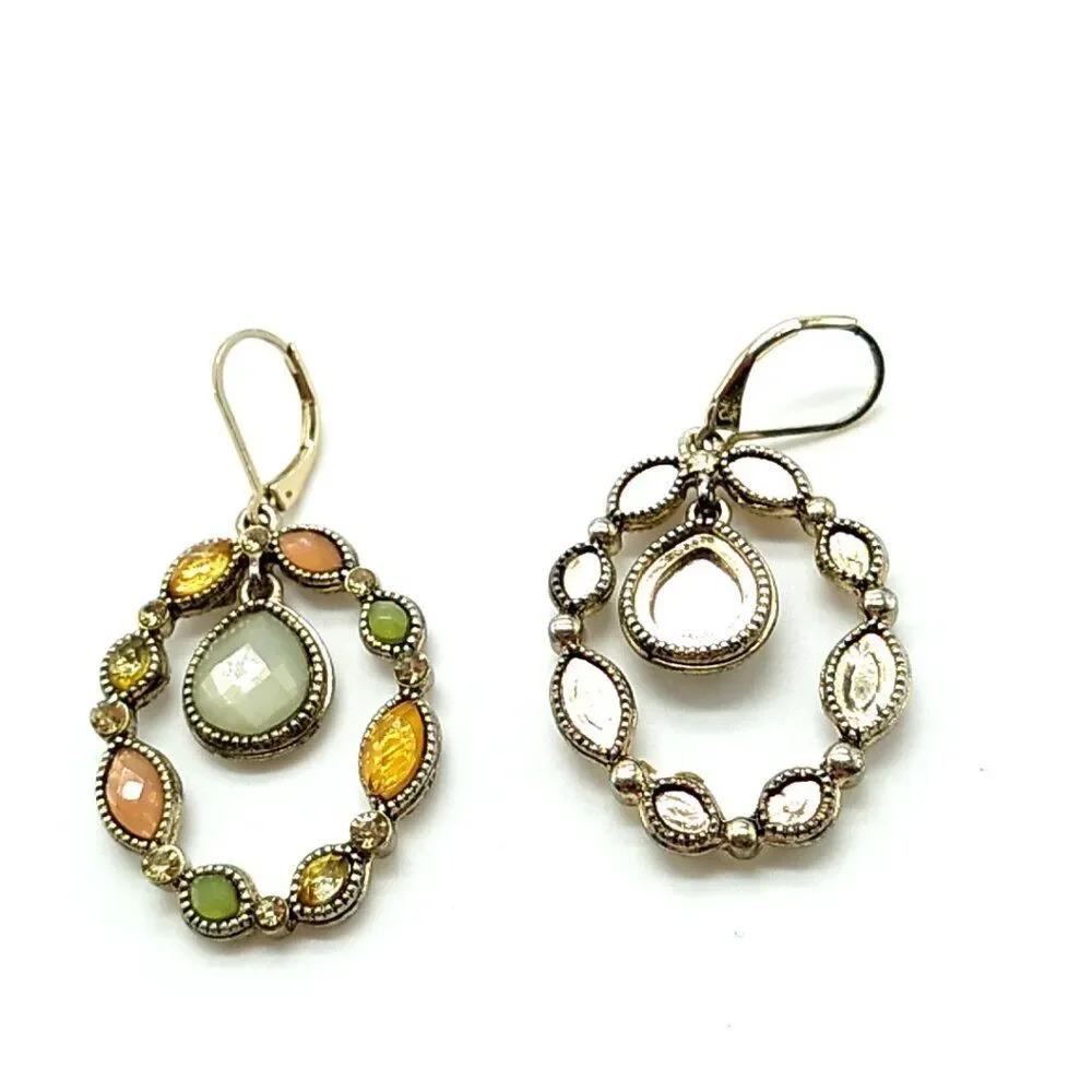 Faceted Oval Jeweled Leverback Earrings w Drop Teardrop Center